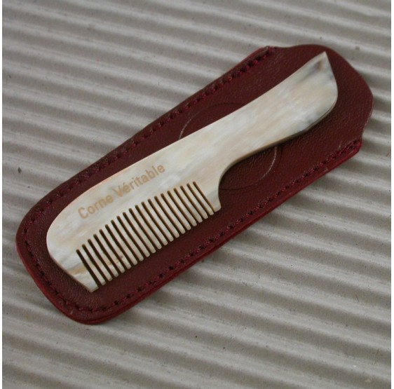 Horn comb for moustache with leather case